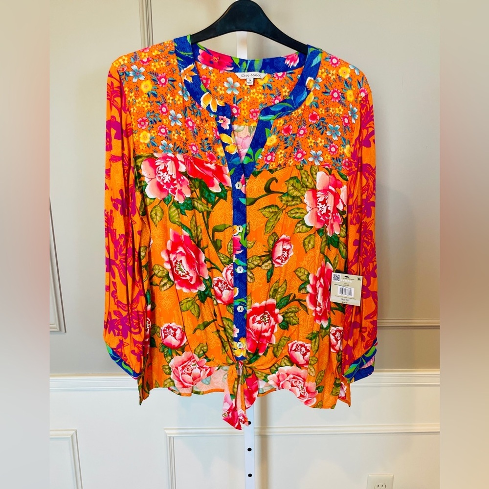 John Mark NWT 3X Floral Button Down Top 3/4 Sleeve Tie Front Floral Orange Shirt